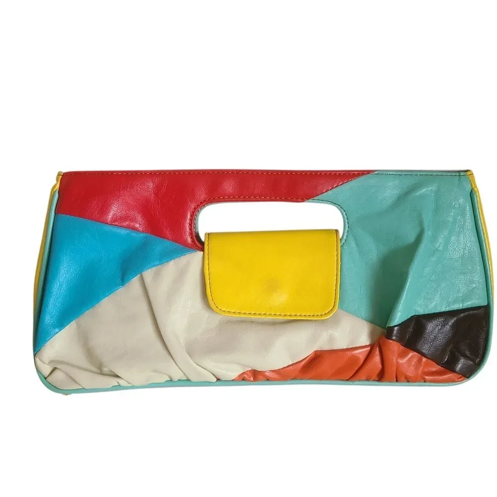 bonita brand 80s inspired multicolor patchwork faux leather small clutch bag
